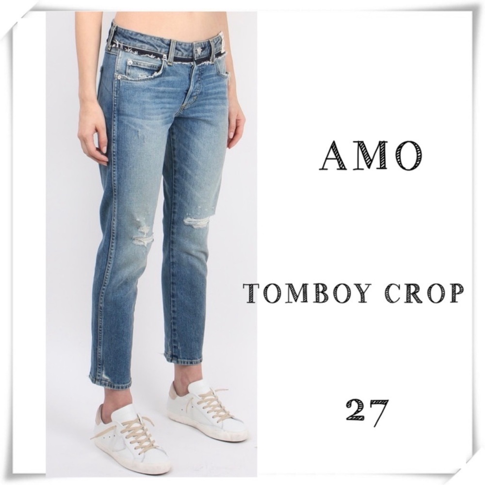 AMO Tomboy Crop Soulmate with Destroy Ripped Knees Distressed Denim Jeans Sz 27